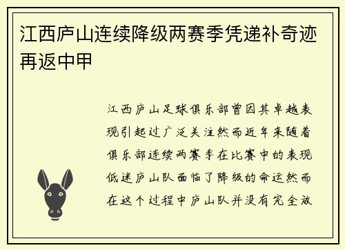江西庐山连续降级两赛季凭递补奇迹再返中甲